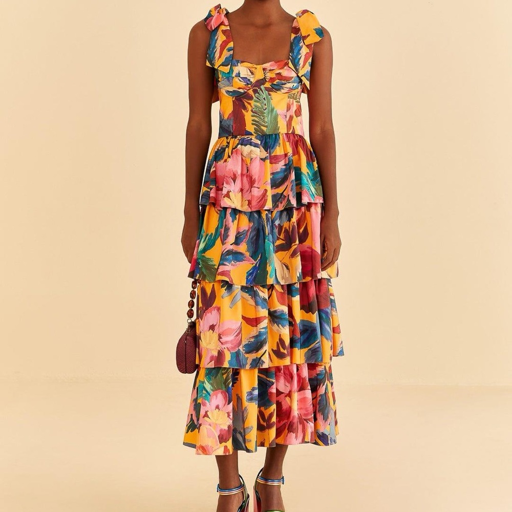 Farm Rio yellow painted flowers layered maxi dress